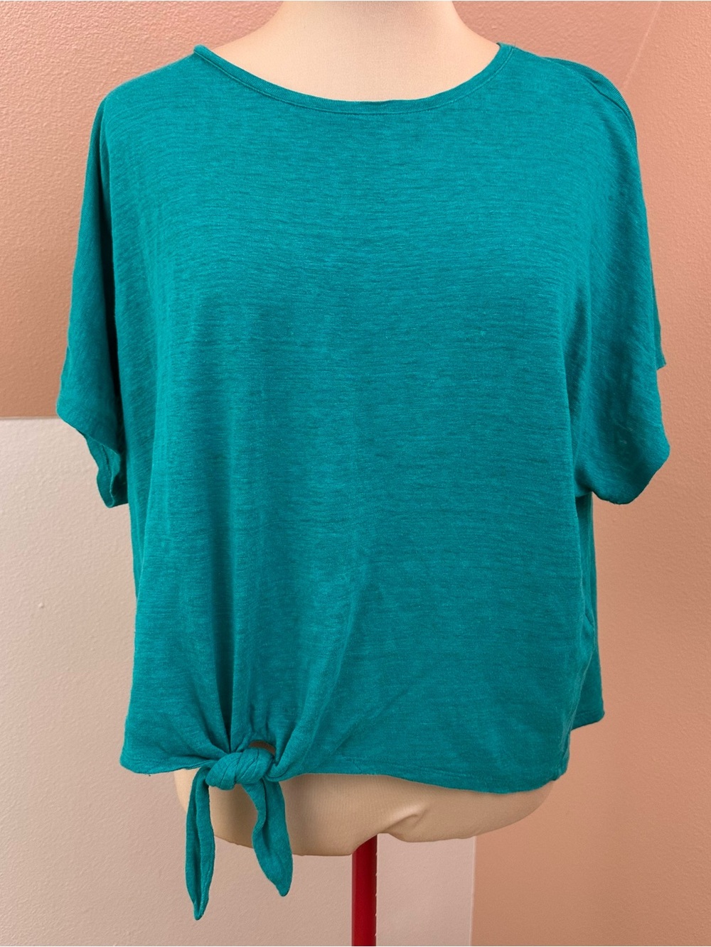 Chico's 100% Linen Knit Top Size 2 (US L) Teal Short Sleeve Tie Front